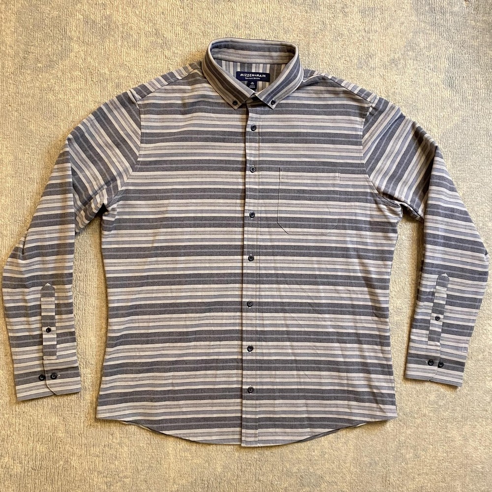 Mizzen+Main Shirt Mens XL Gray Stripe Button Down Trim Fit Long Sleeve